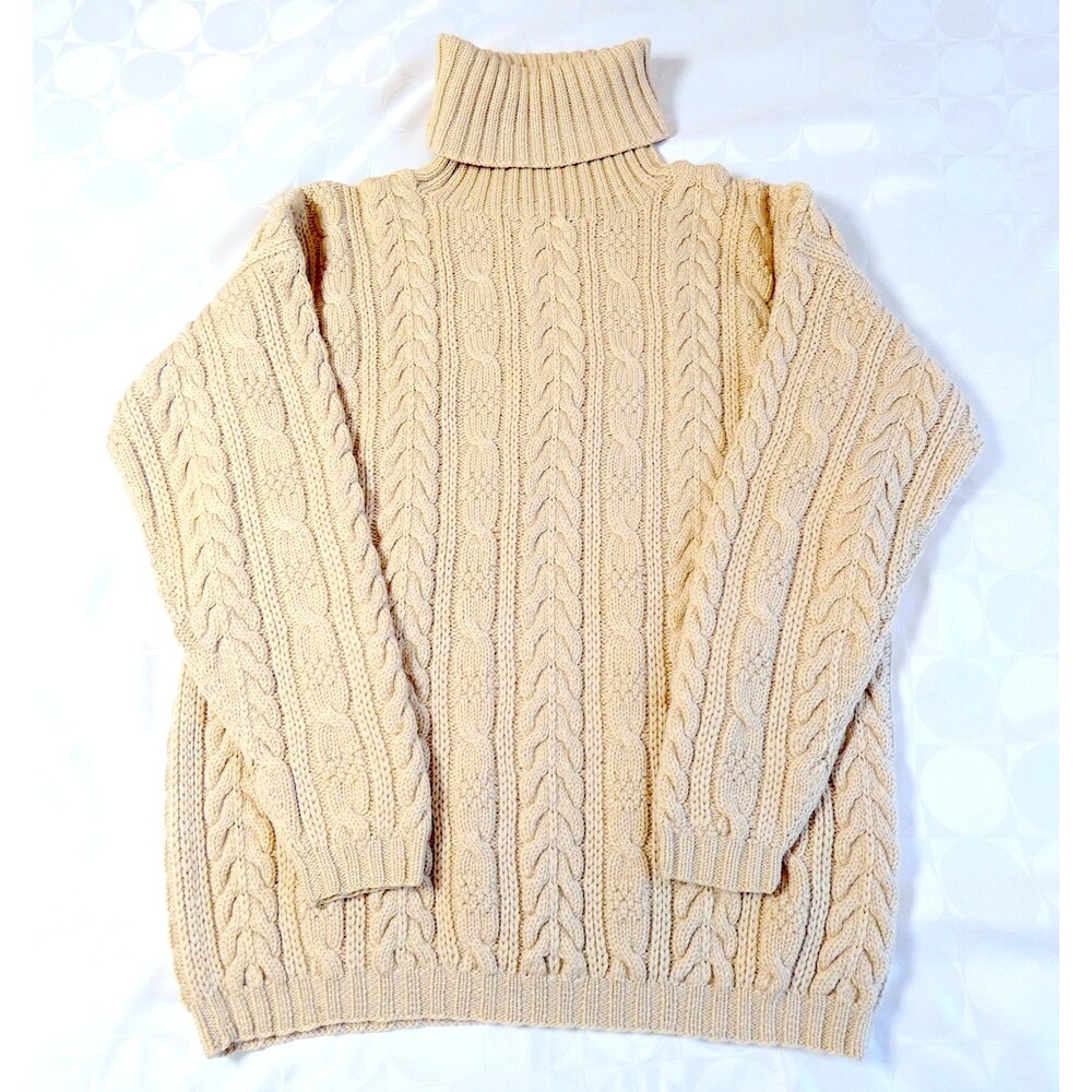 Women's Tan Cable Knit Turtleneck Wool Sweater Size M